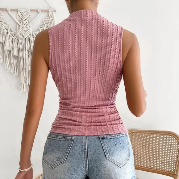 Pink Fitted Ribbed Knit Mock Neck Tank Top - Picture 5 of 5